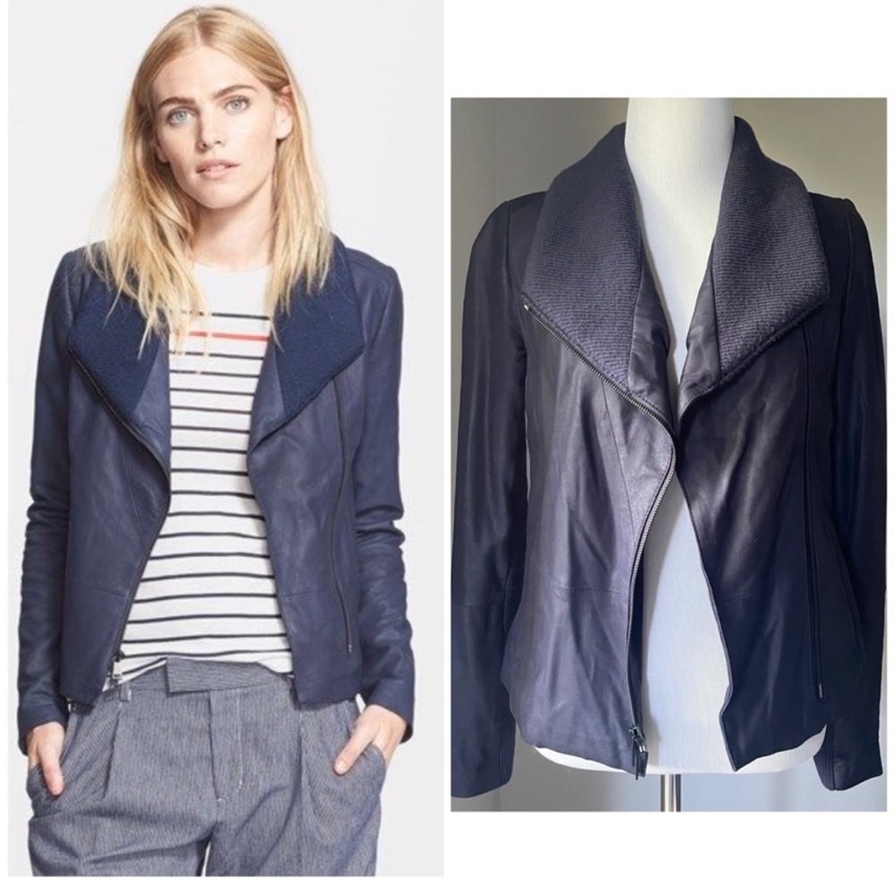 Vince Rib Collar Scuba Leather Jacket Dark Navy Size Medium